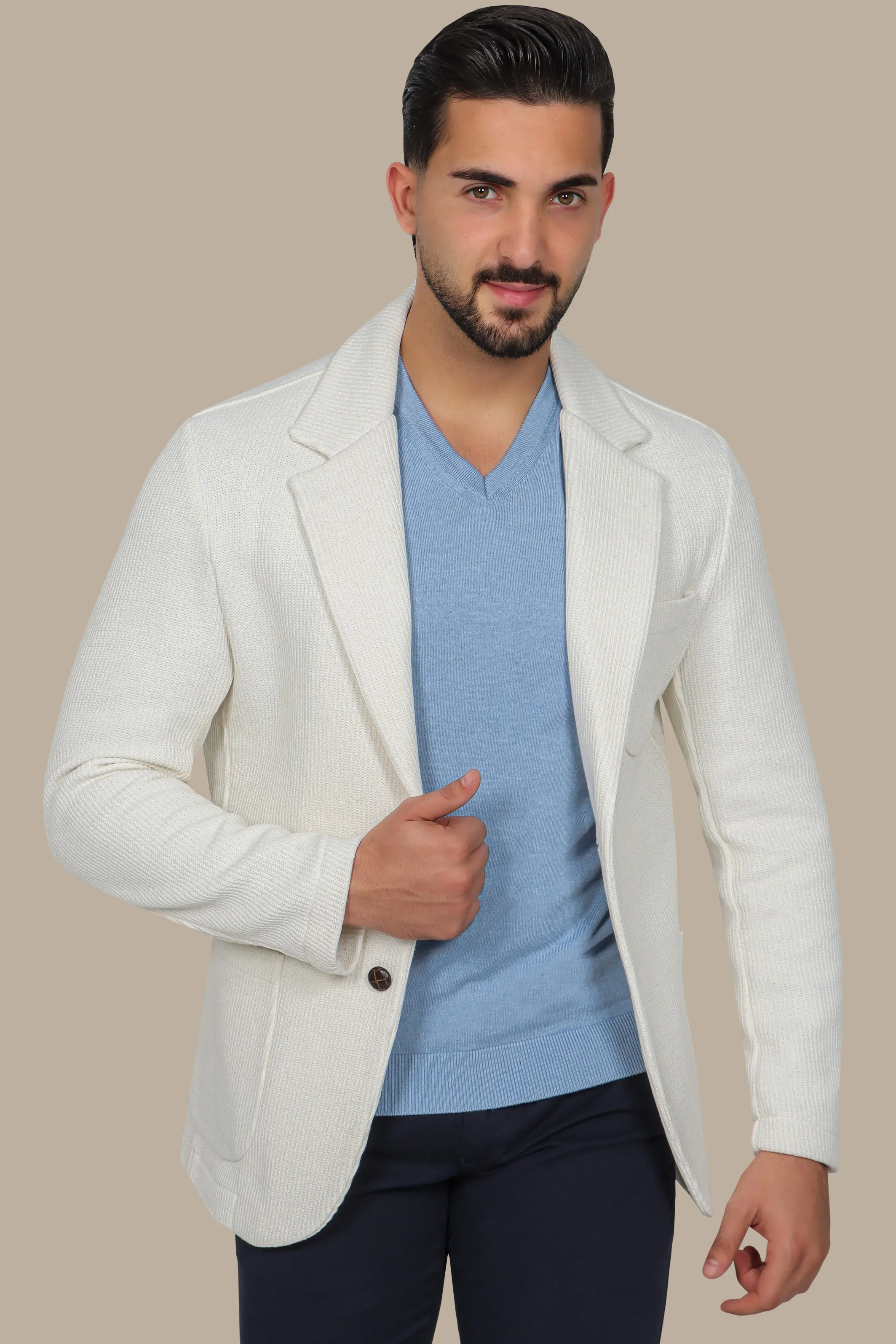 White Cotton Mercerized Blazer with Notch Lapel