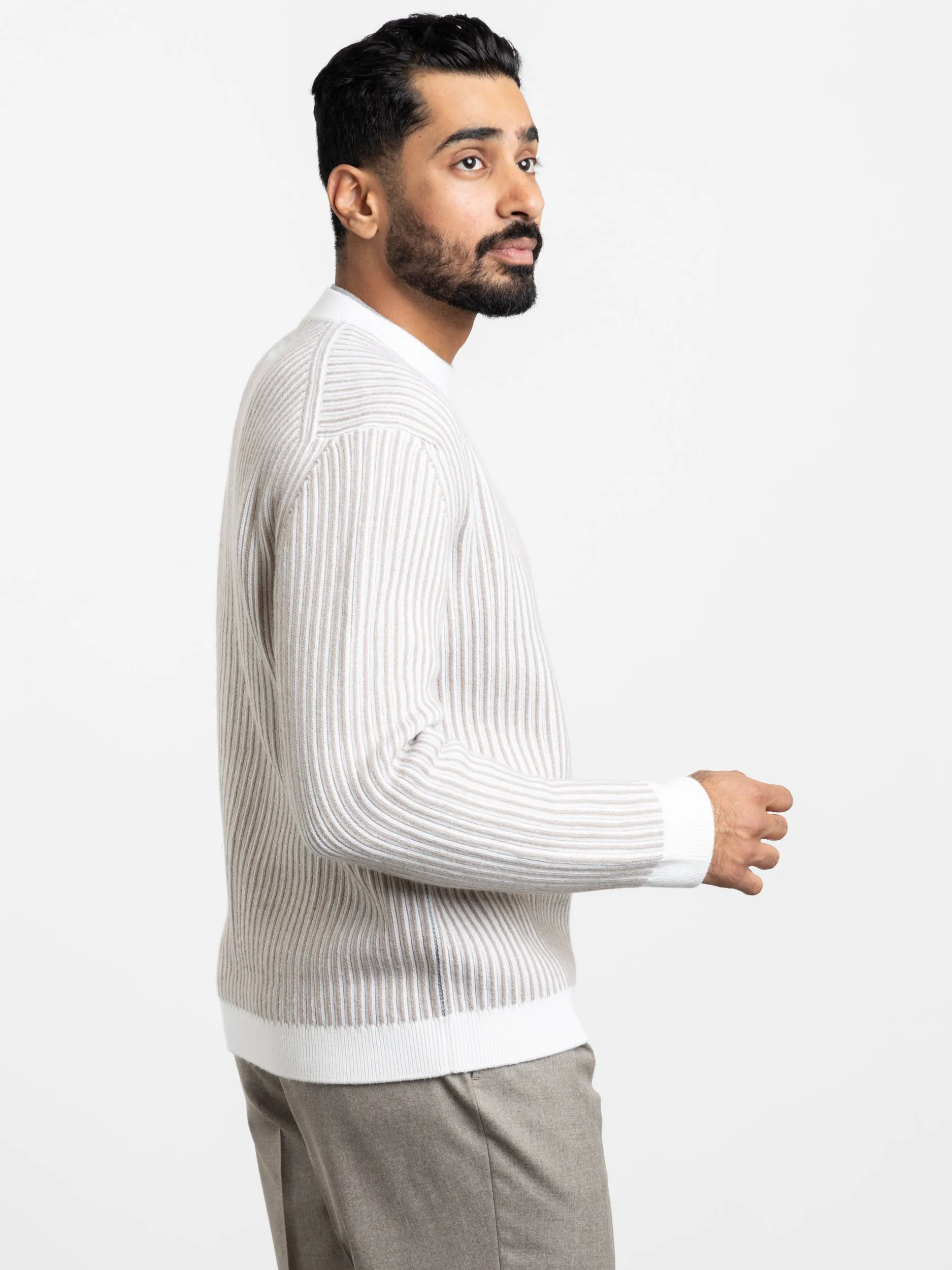 White/Taupe Mélange Wool Crewneck