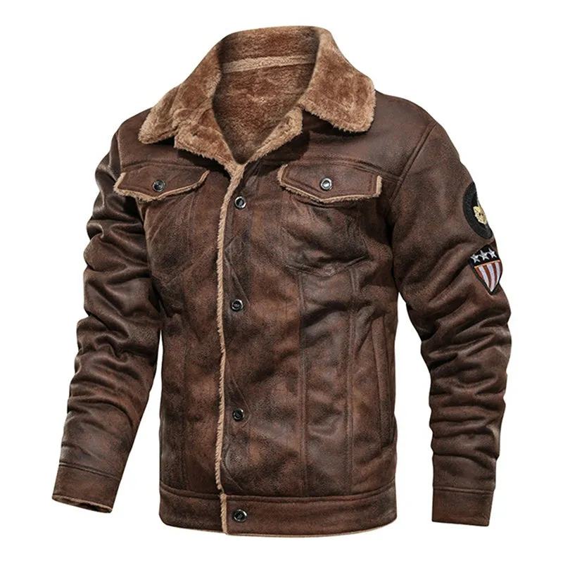 Winter Men Turn-down Collar Leather Jacket Outwear