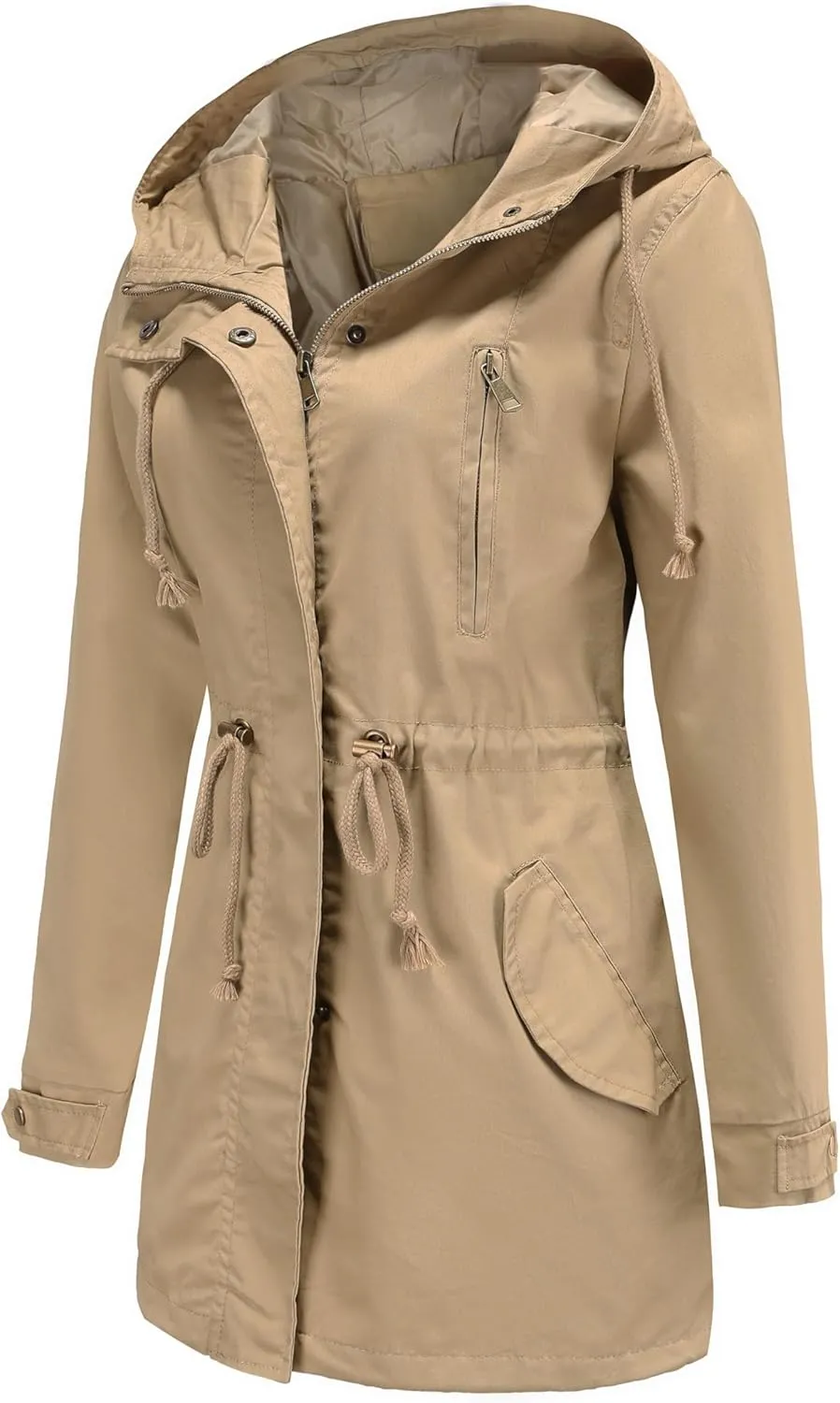 Women Trench Coat Windbreaker Zip Up Jacket With Pockets Casual Long Sleeve Outwear with Waist Drawstring