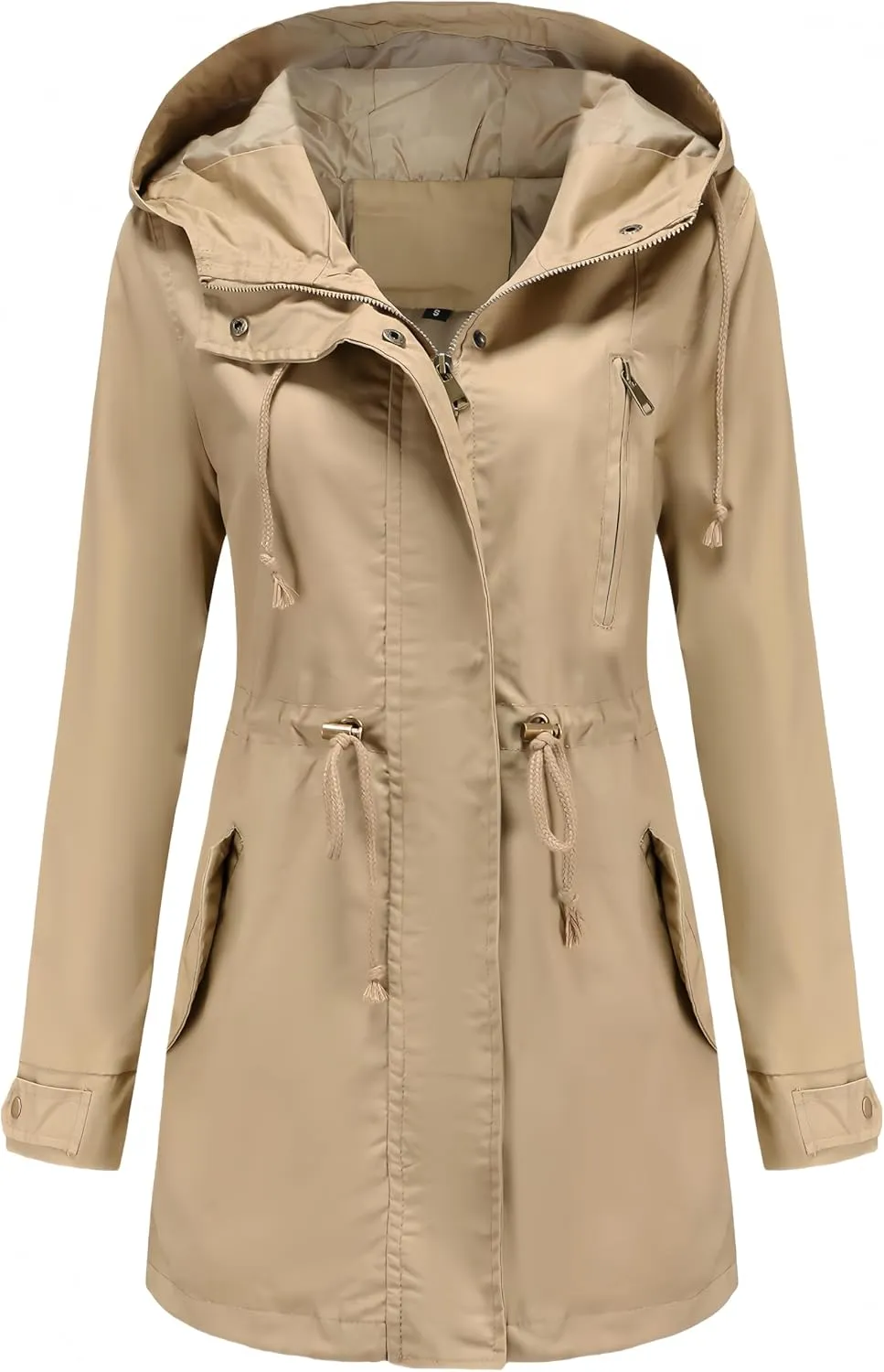 Women Trench Coat Windbreaker Zip Up Jacket With Pockets Casual Long Sleeve Outwear with Waist Drawstring