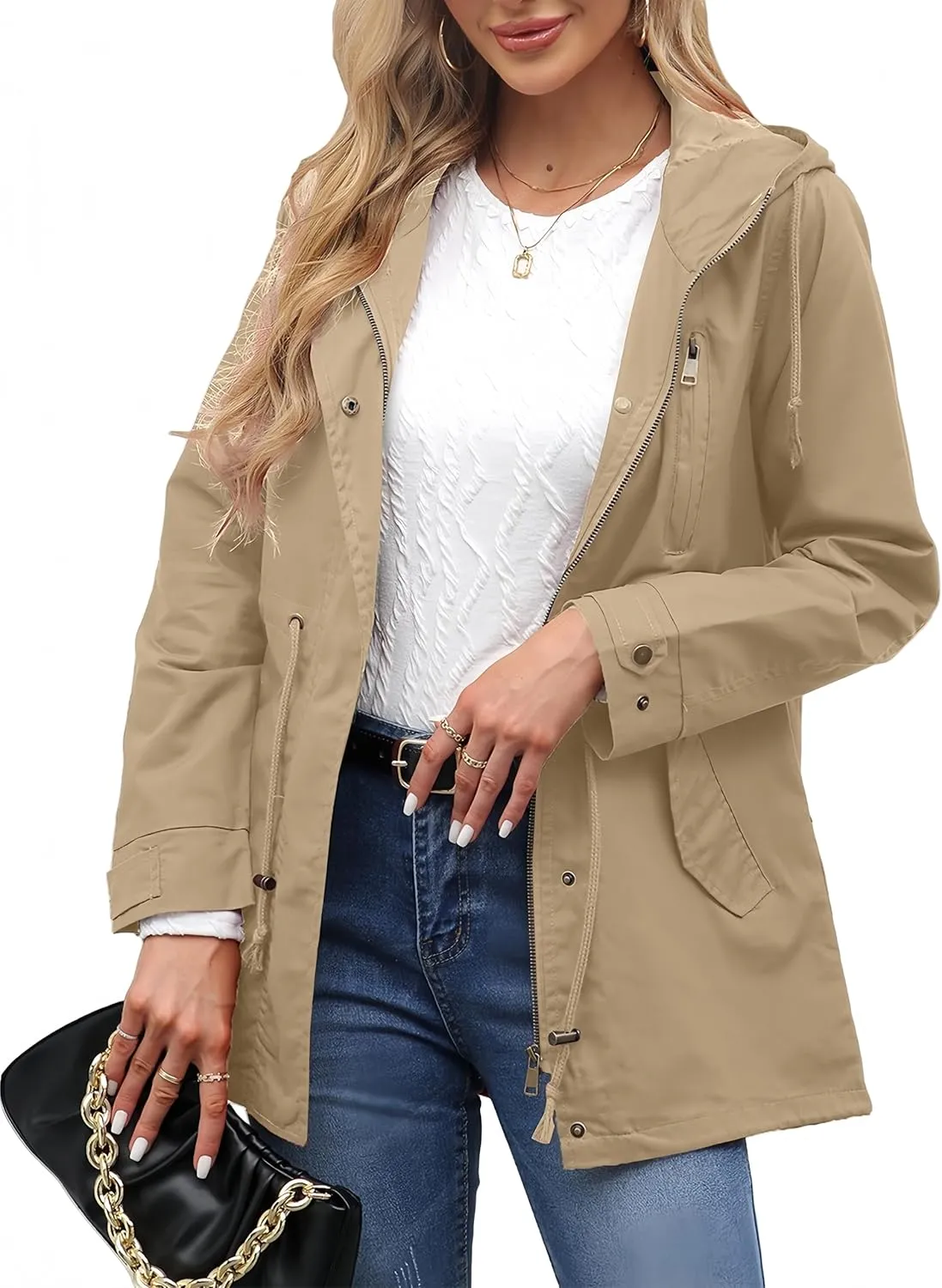 Women Trench Coat Windbreaker Zip Up Jacket With Pockets Casual Long Sleeve Outwear with Waist Drawstring