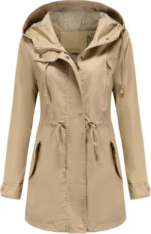 Women Trench Coat Windbreaker Zip Up Jacket With Pockets Casual Long Sleeve Outwear with Waist Drawstring