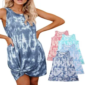 Women's Casual Sleeveless Tie Dyed Short Dress Crewneck Midi Dress