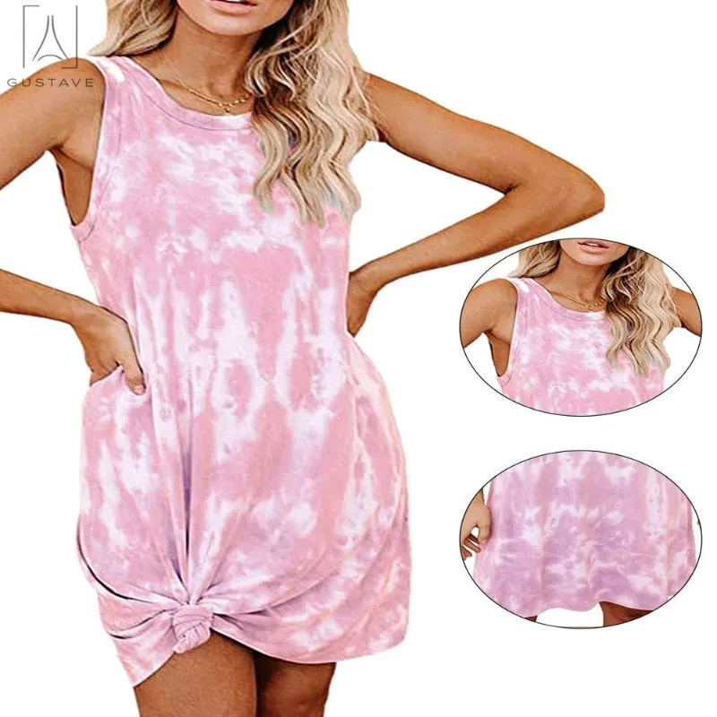  Women's Casual Sleeveless Tie Dyed Short Dress Crewneck Midi Dress