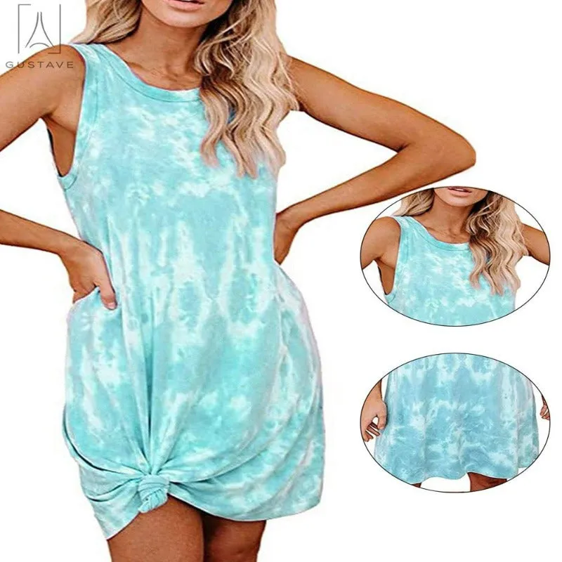  Women's Casual Sleeveless Tie Dyed Short Dress Crewneck Midi Dress