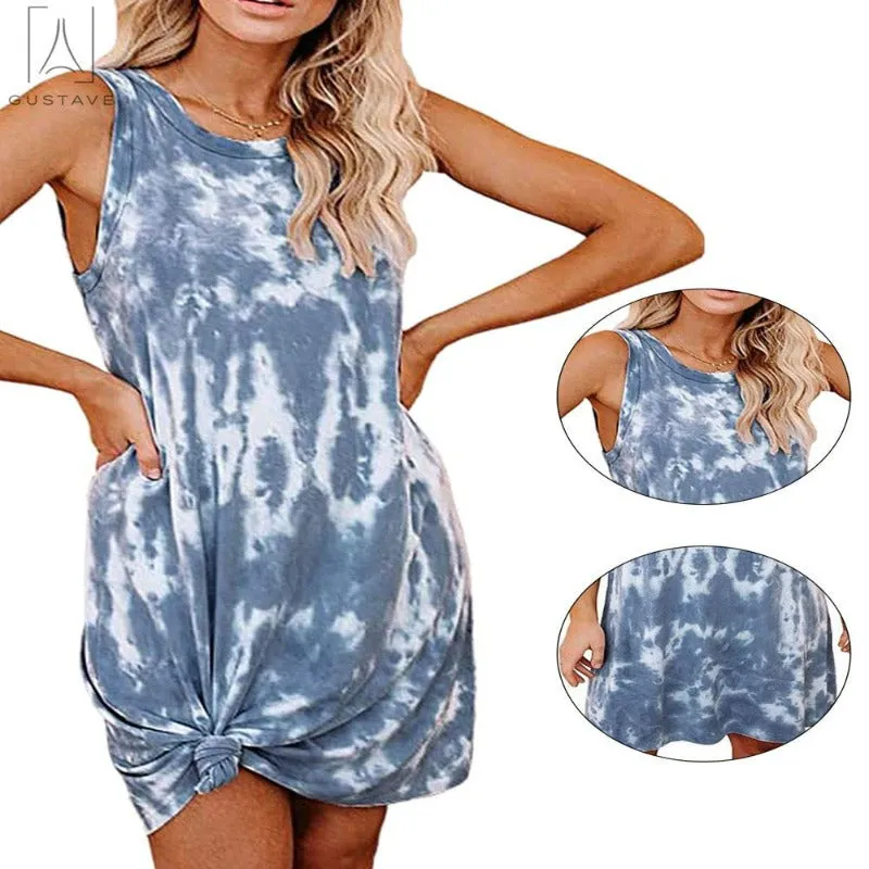  Women's Casual Sleeveless Tie Dyed Short Dress Crewneck Midi Dress