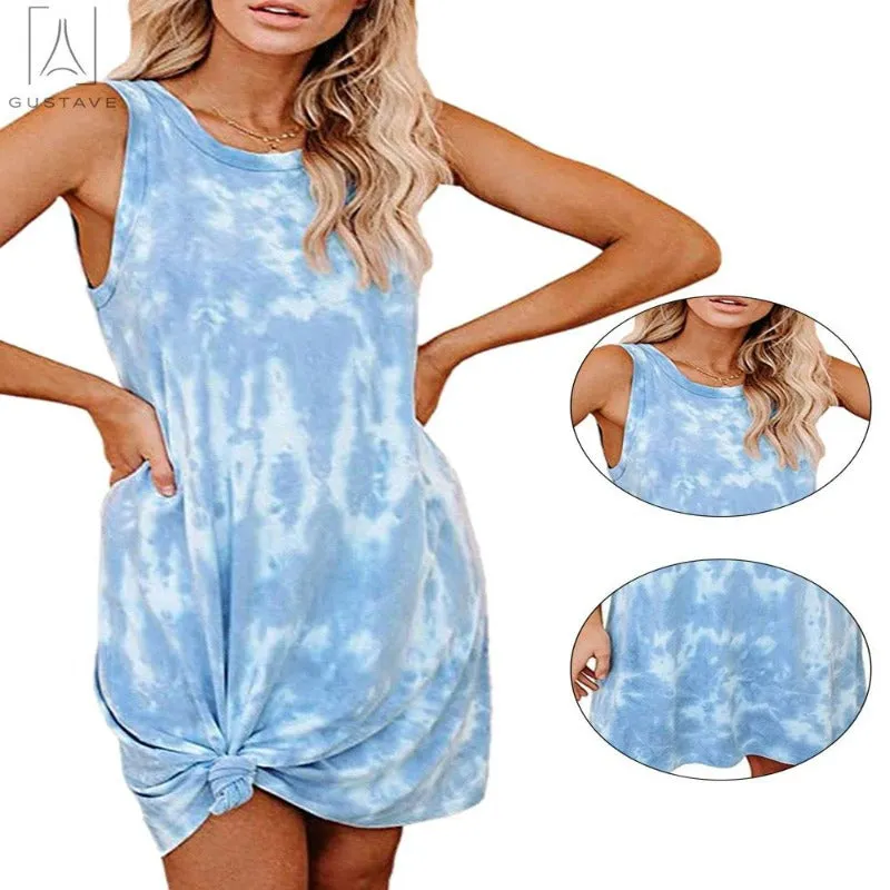  Women's Casual Sleeveless Tie Dyed Short Dress Crewneck Midi Dress