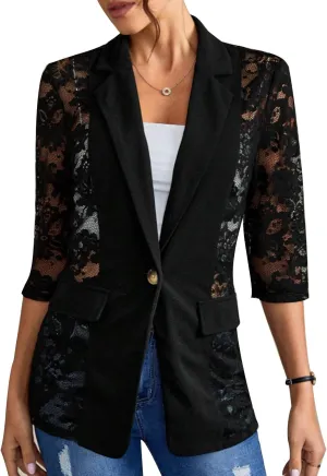 Women's Lace Blazer Open Front 3/4 Sleeve Button Down Sheer Mesh Lace Blazers Elegant Casual Blazer Jacket