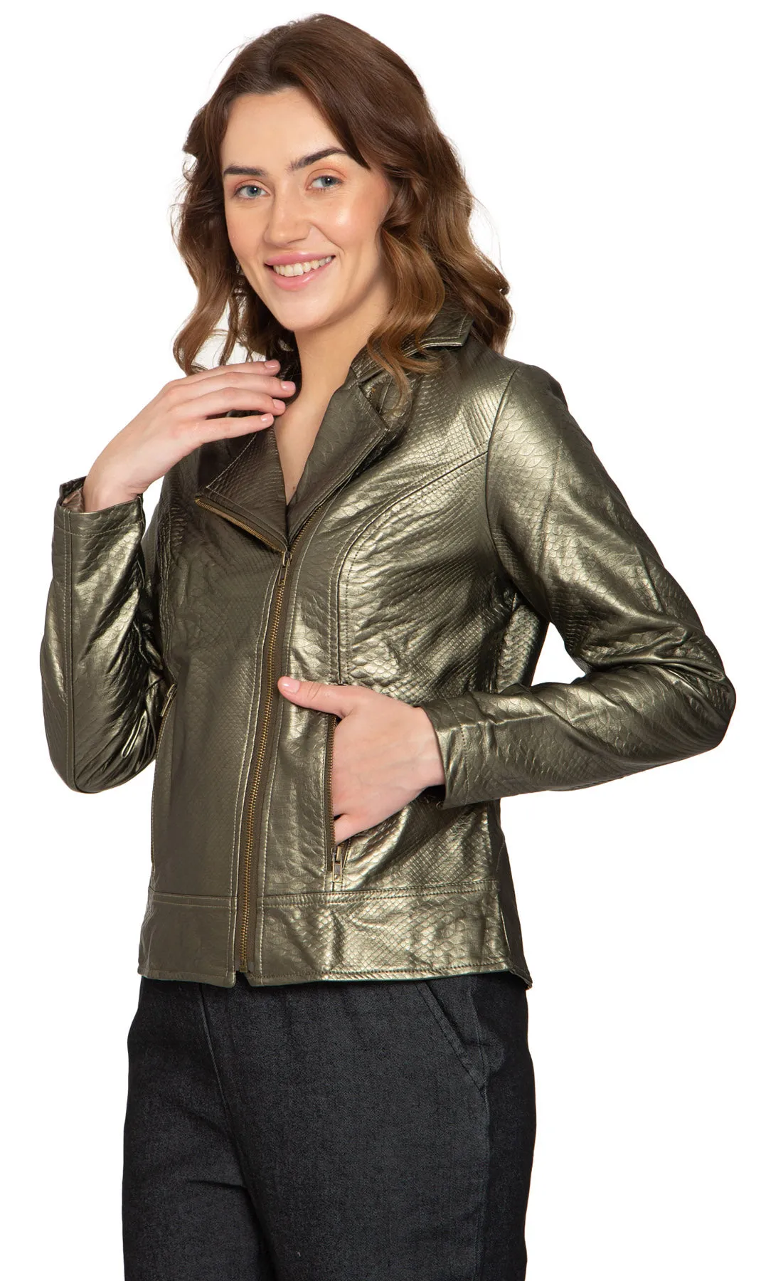 Women's Metallic Snake Pattern Moto Jacket