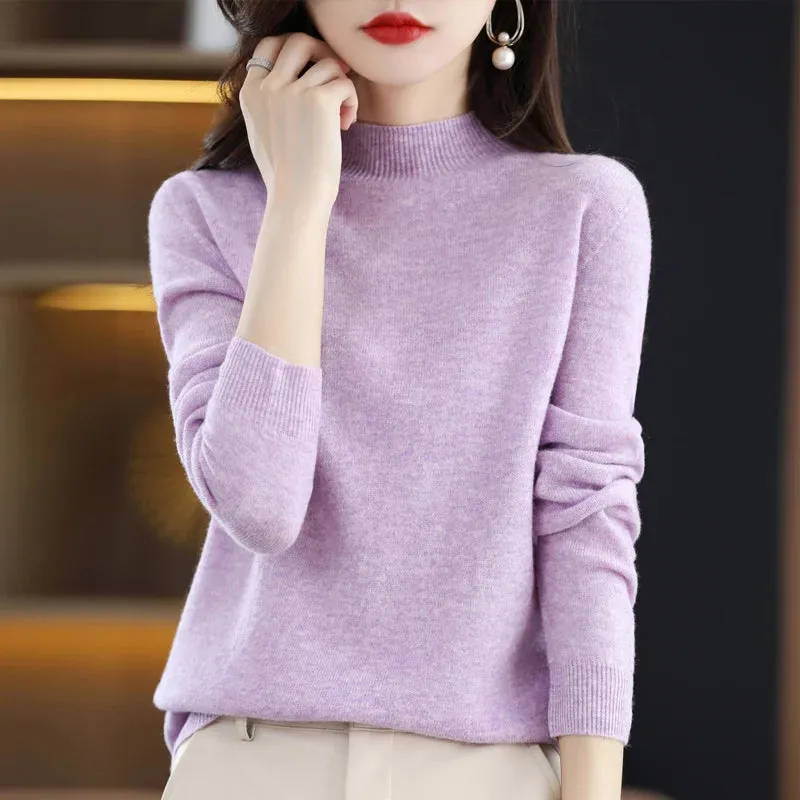 Wool Women's Cashmere Knitted Sweater Half High Collar Long Sleeve Pullover