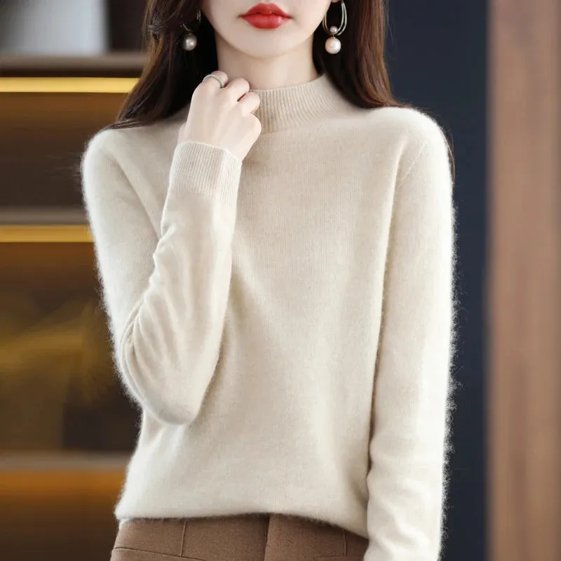 Wool Women's Cashmere Knitted Sweater Half High Collar Long Sleeve Pullover