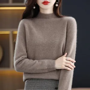 Wool Women's Cashmere Knitted Sweater Half High Collar Long Sleeve Pullover