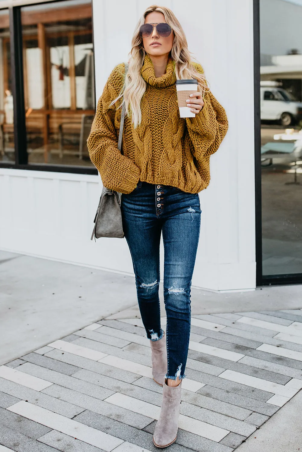 Yellow/Gold Cable Knit Turtleneck Sweater