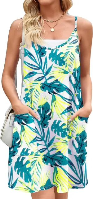 Zeagoo Women Summer Dresses Casual Beach Vacation Dress Spaghetti Strap Sundress Sleeveless Mini Short Dress with Pockets
